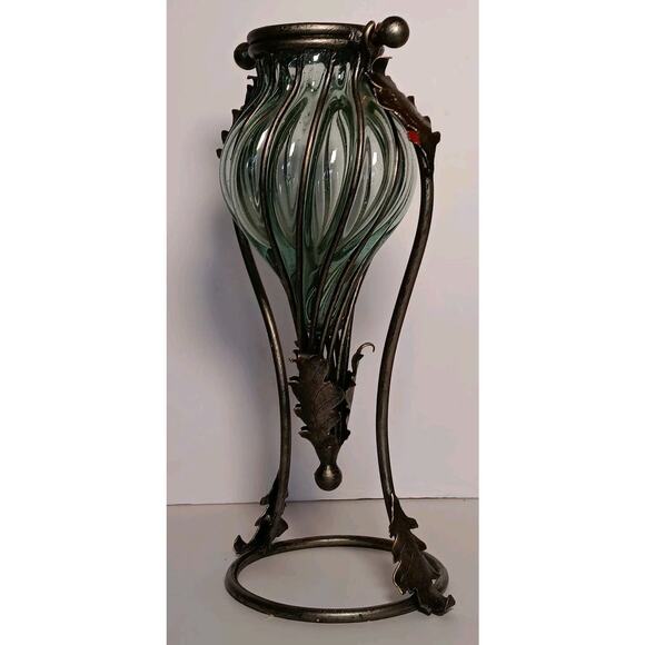 Amphora Vase Hand Blown Caged Green Glass Metal Leaves Stand 14.5" - Picture 6 of 16
